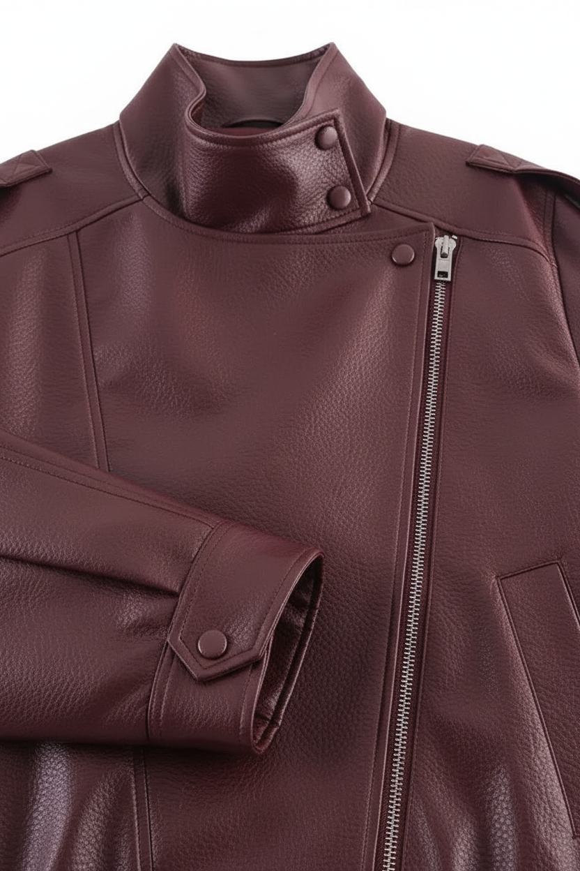 Burgundy faux leather jacket collar zipper and stitching details