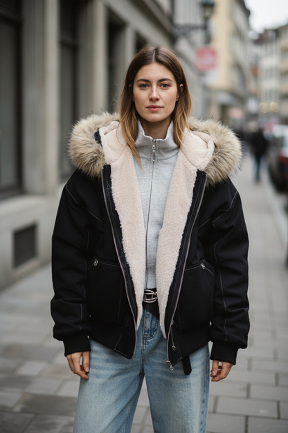 Black fur-collar hooded puffer jacket, front view on model