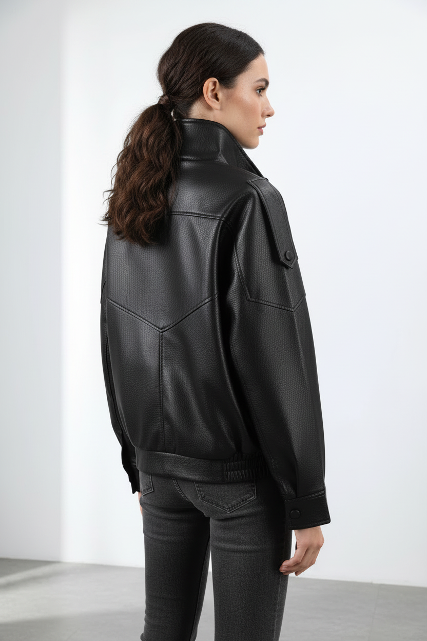 Black faux leather stand-collar jacket back and side view on a natural human model