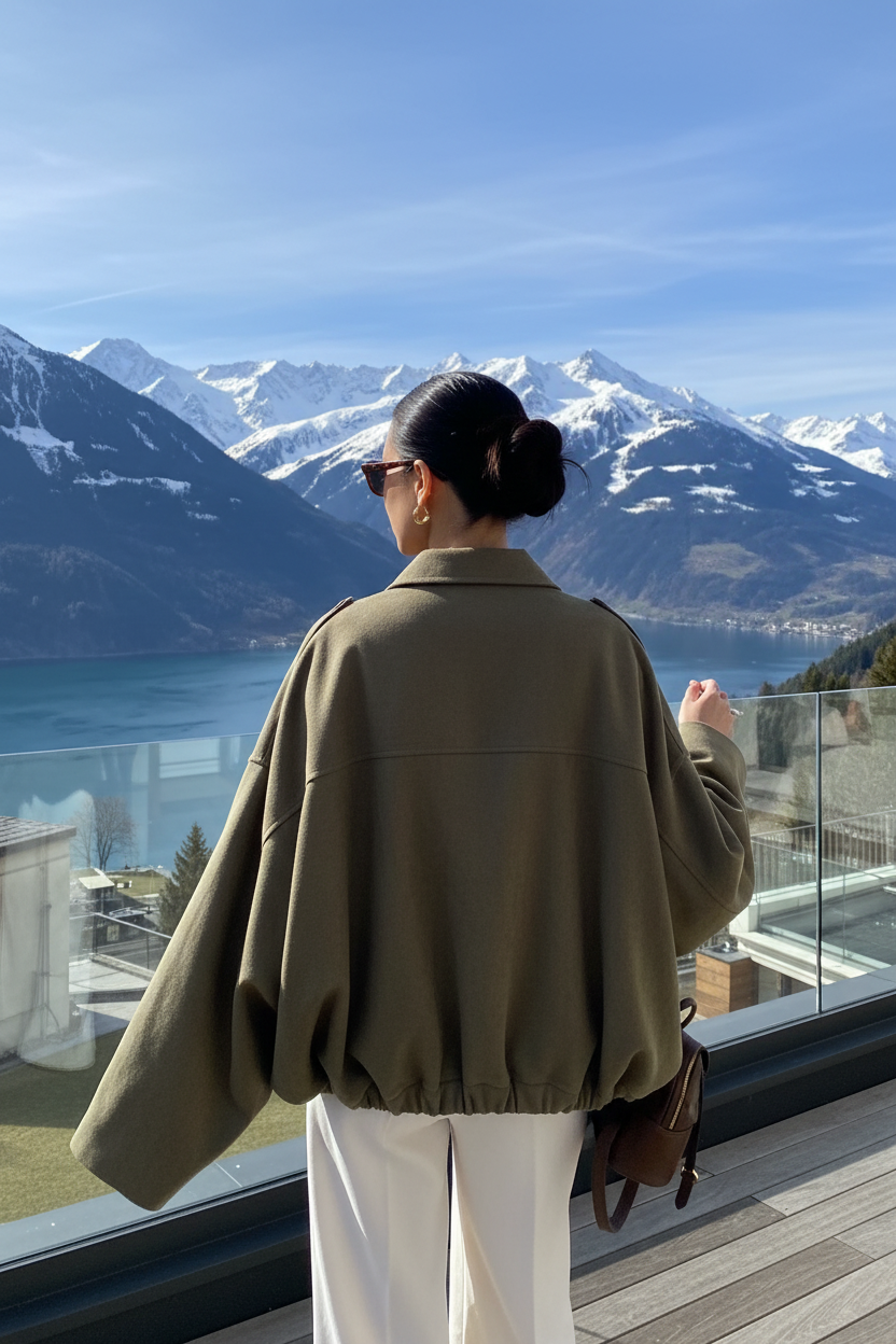 Native Swiss woman showing the army green oversized jacket