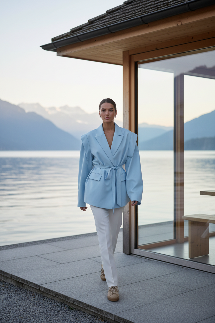 Native Swiss woman wearing the sky blue oversized belted blazer by a Swiss lakeside pavilion