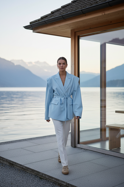 Native Swiss woman wearing the sky blue oversized belted blazer by a Swiss lakeside pavilion