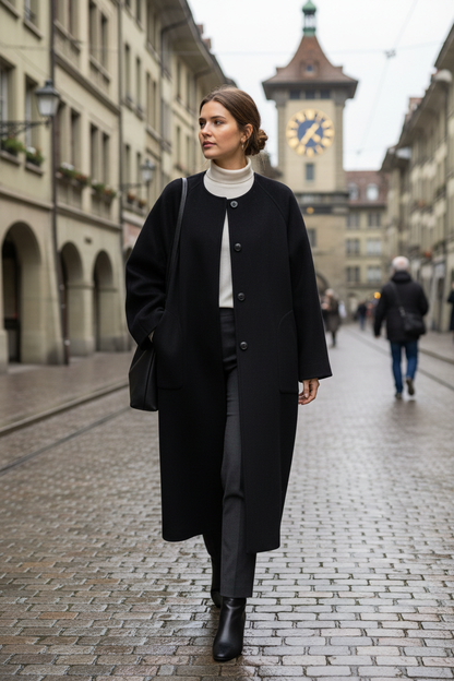 Native Swiss woman wearing black oversized coat in Bern