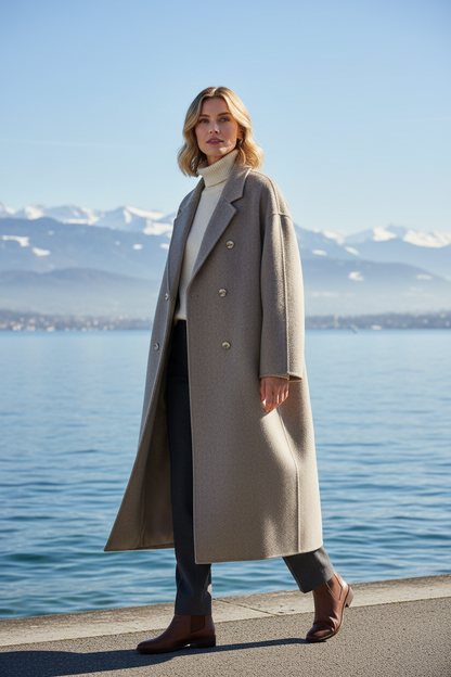 Swiss woman model wearing the light taupe coffee wool blend double-breasted coat by Lake Zurich