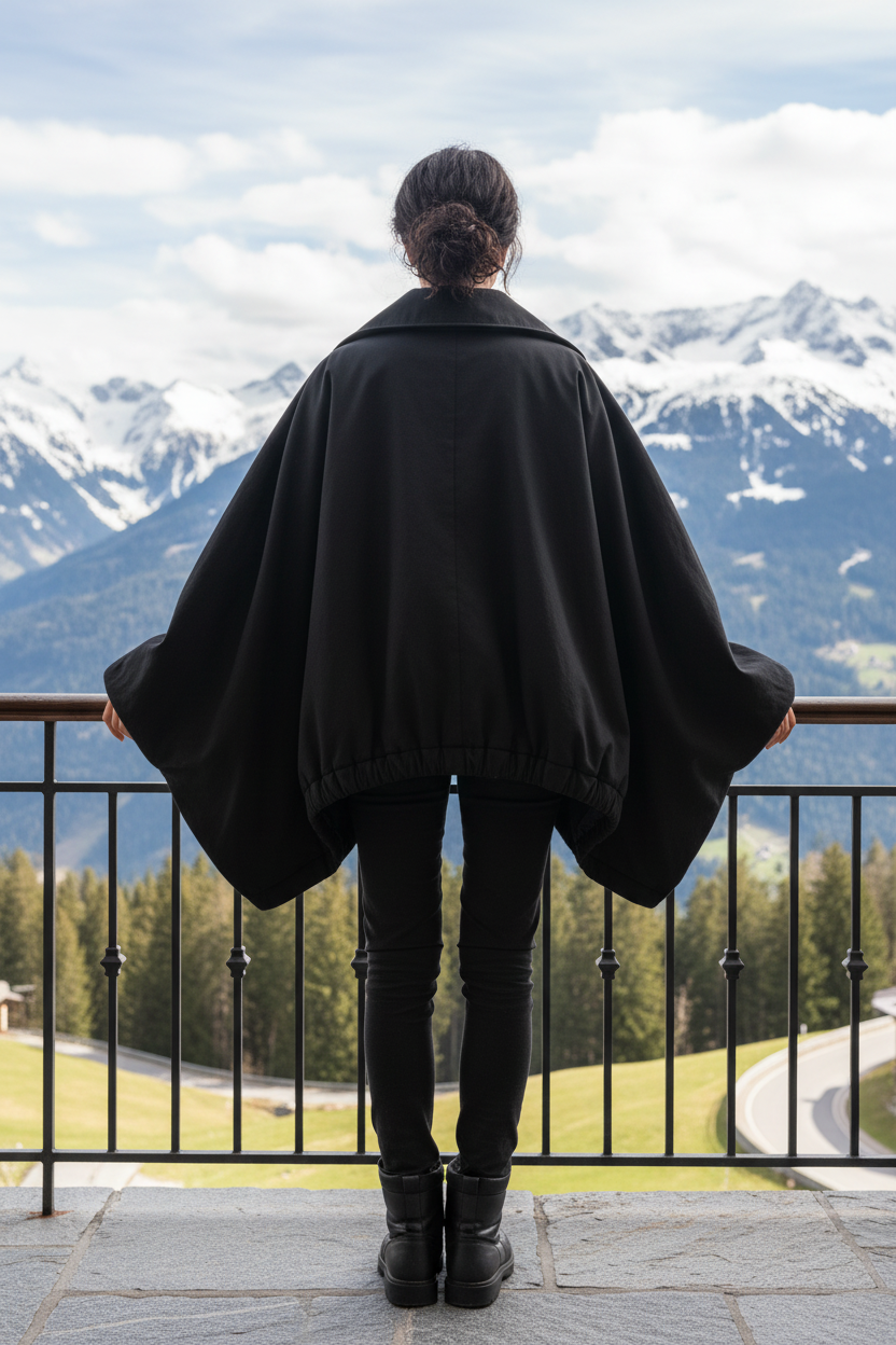 Native Swiss woman showing the black oversized jacket