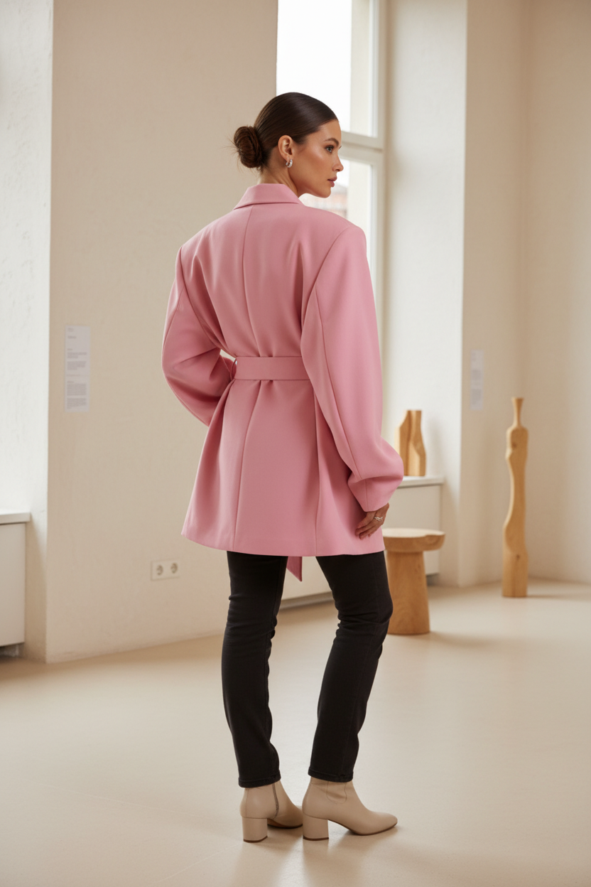 Native Swiss woman showing the pink oversized belted blazer in a Swiss design gallery