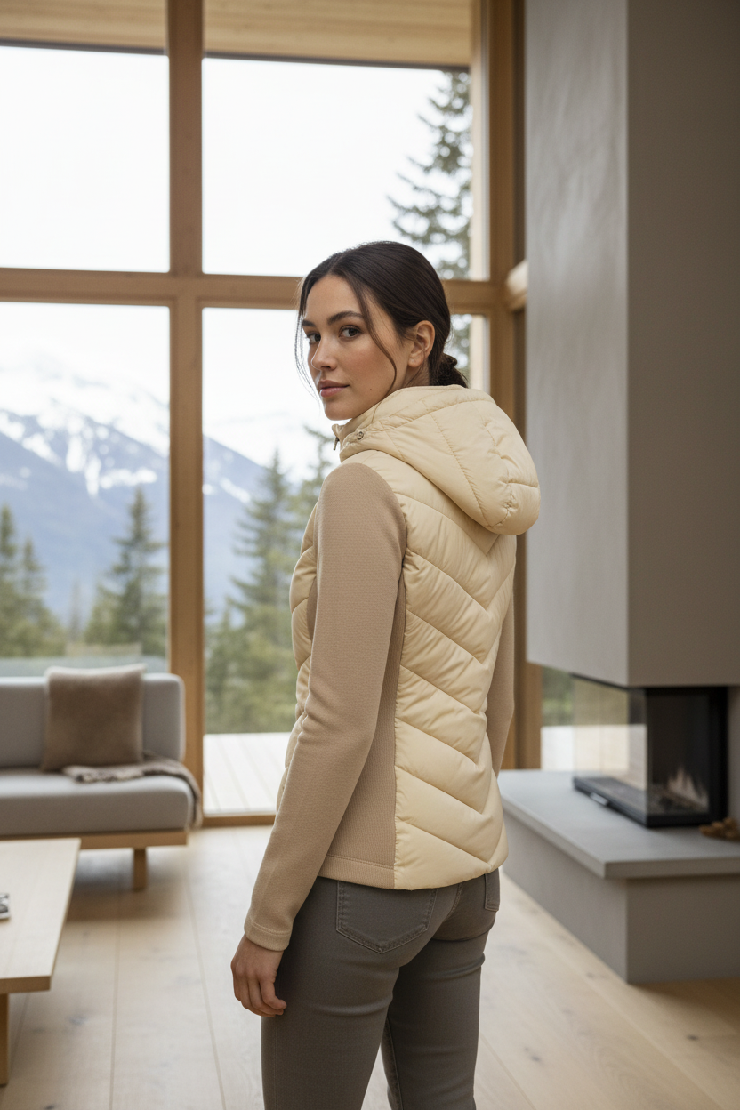 Native Swiss woman showing the beige hooded hybrid jacket in an alpine lodge