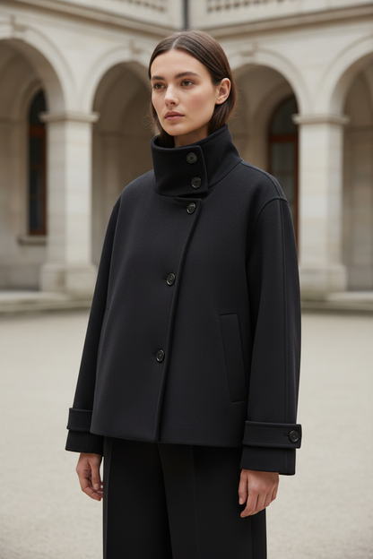 Swiss woman model wearing the black high-collar short winter coat in a museum courtyard