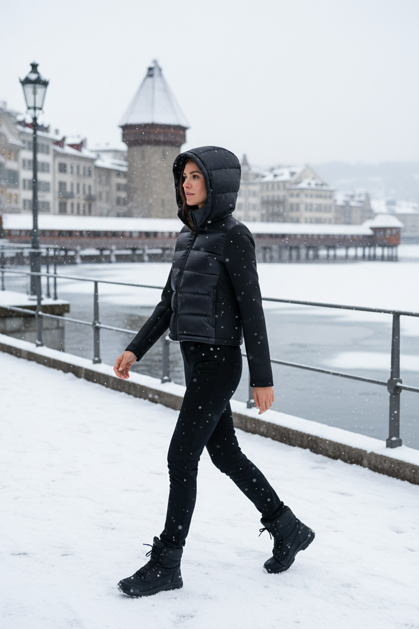 Native Swiss woman wearing the black cropped hooded puffer in Lucerne