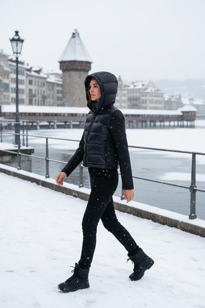 Native Swiss woman wearing the black cropped hooded puffer in Lucerne