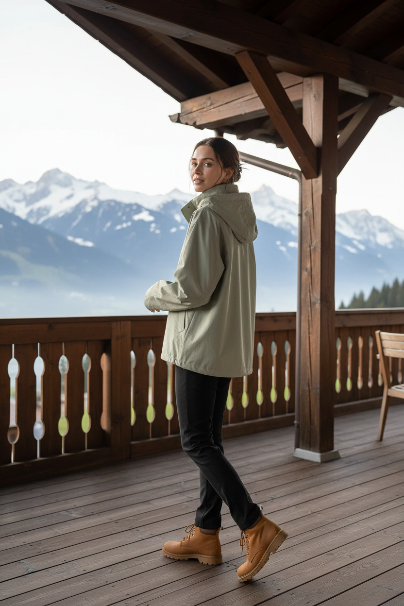 Swiss woman model showing the sage green hooded nylon windbreaker at a mountain lodge