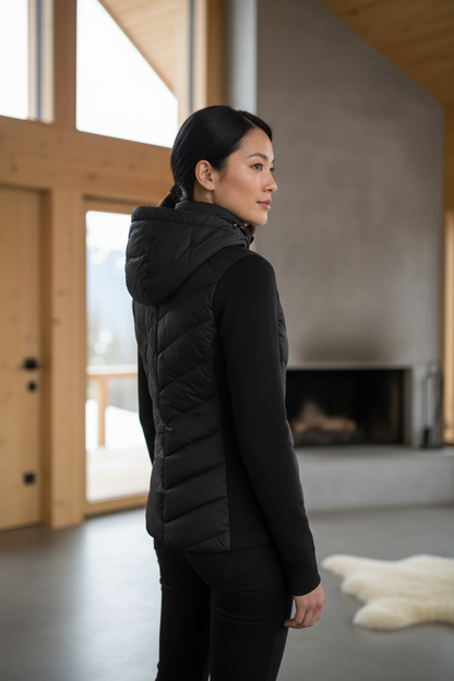 Native Swiss woman showing the black hooded hybrid jacket in an alpine lodge