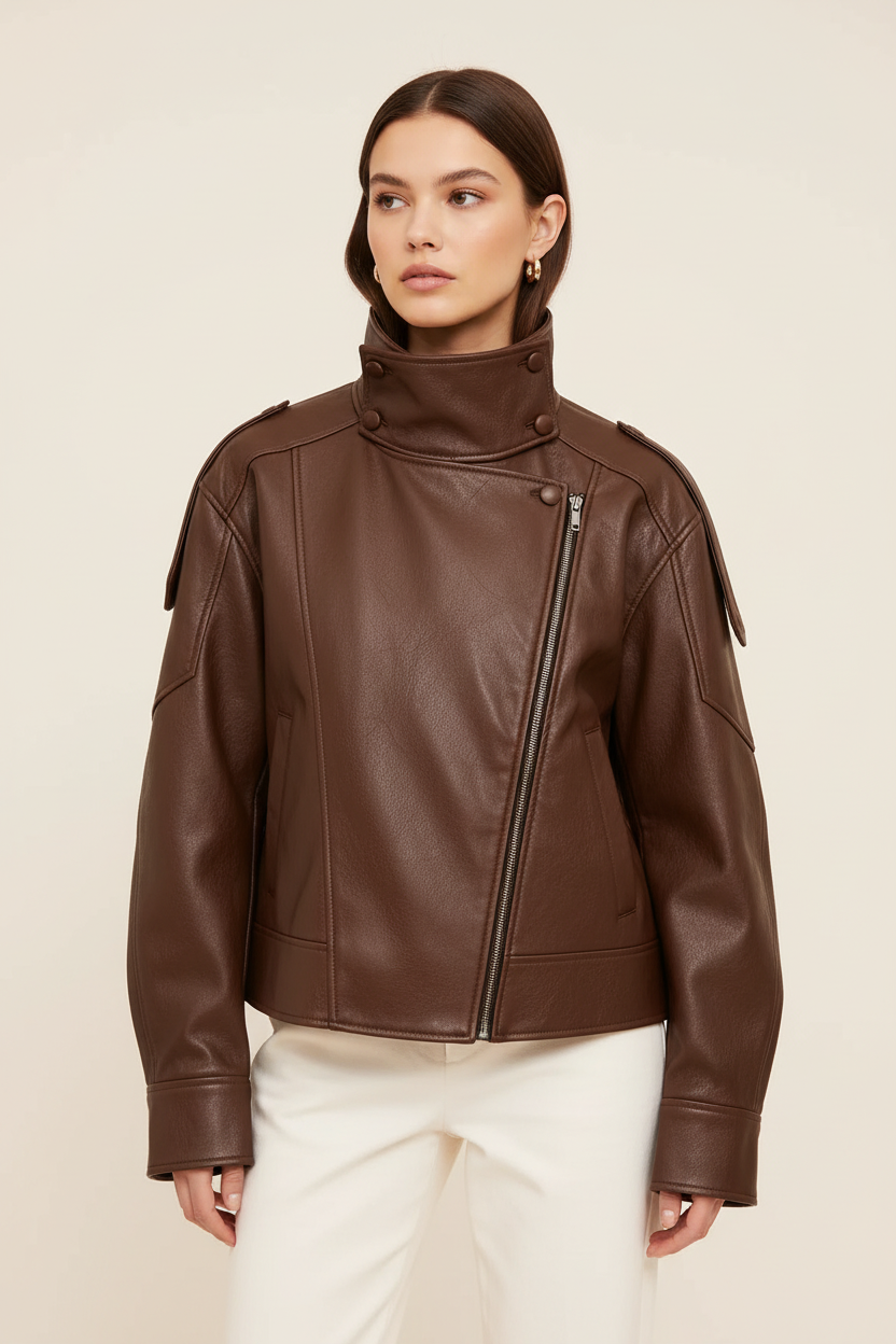 Brown faux leather stand-collar jacket front view