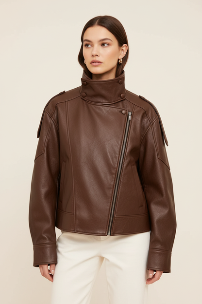 Brown faux leather stand-collar jacket front view