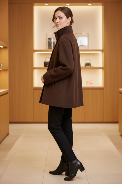 Swiss woman model showing the brown high-collar short winter coat in a boutique