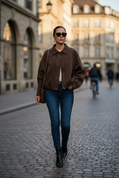Native Swiss woman wearing the deep coffee-brown oversized jacket on a Basel street