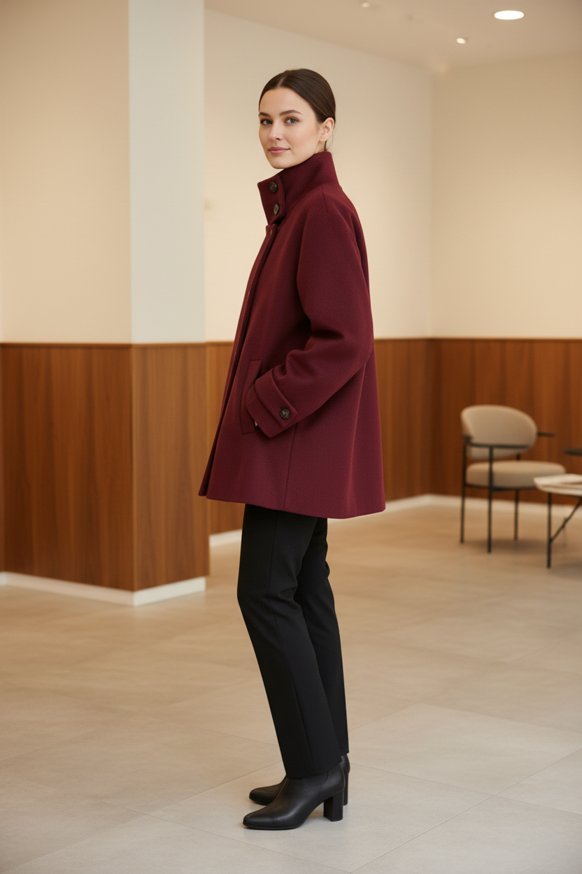 Swiss woman model showing the burgundy red high-collar short winter coat in a boutique