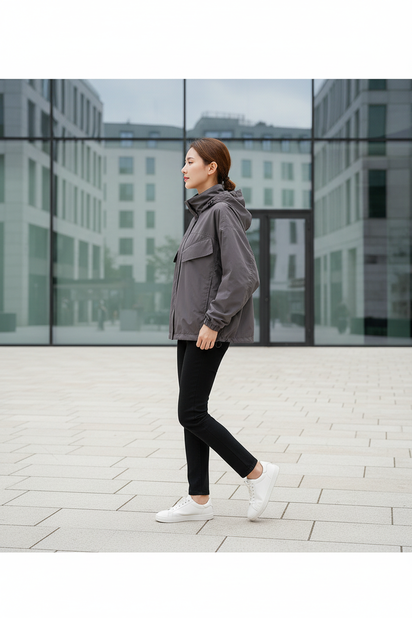 Swiss woman model wearing the charcoal grey hooded nylon windbreaker in a modern Zurich plaza