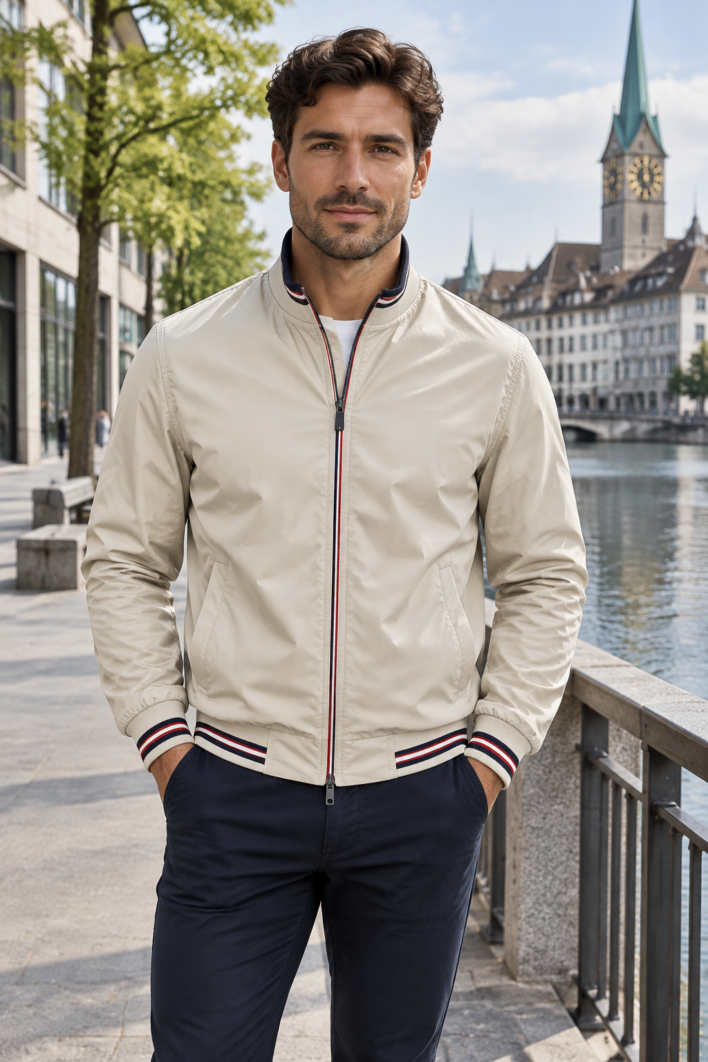 Men's Lightweight Striped-Trim Bomber Jacket