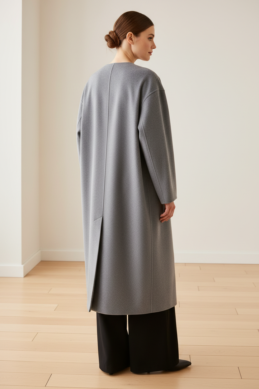Swiss woman model showing the gray wool blend double-breasted coat in a studio