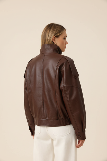 Brown faux leather stand-collar jacket back and side view