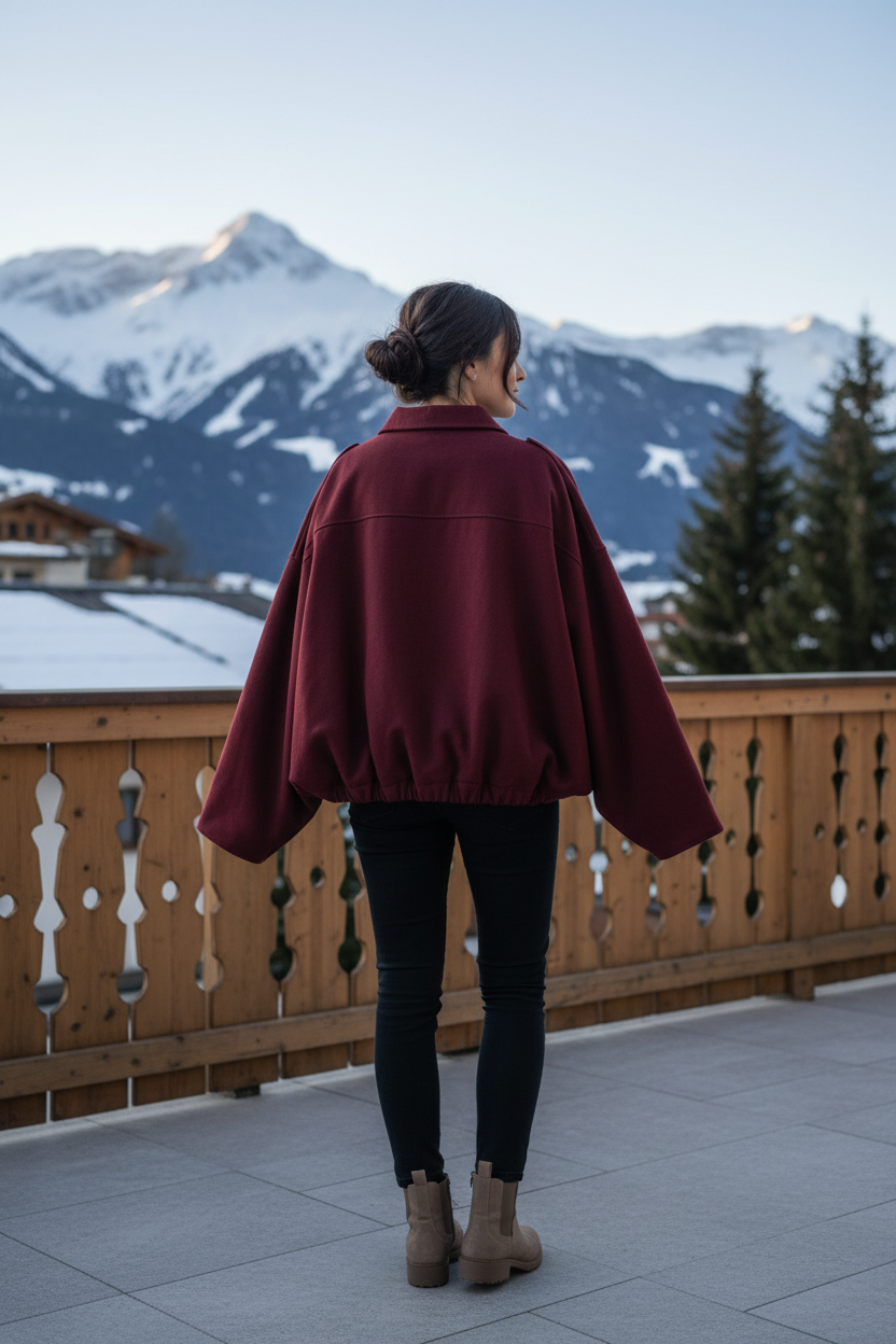Native Swiss woman showing the red oversized jacket