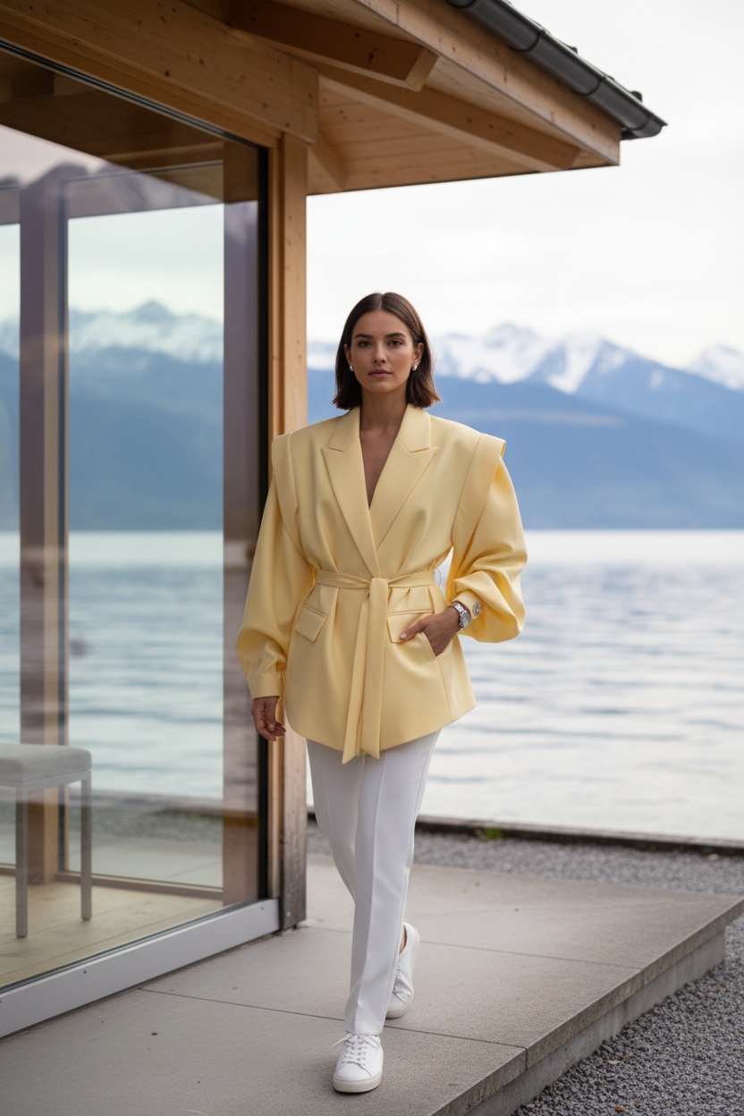 Native Swiss woman wearing the solid yellow oversized belted blazer by a Swiss lakeside pavilion