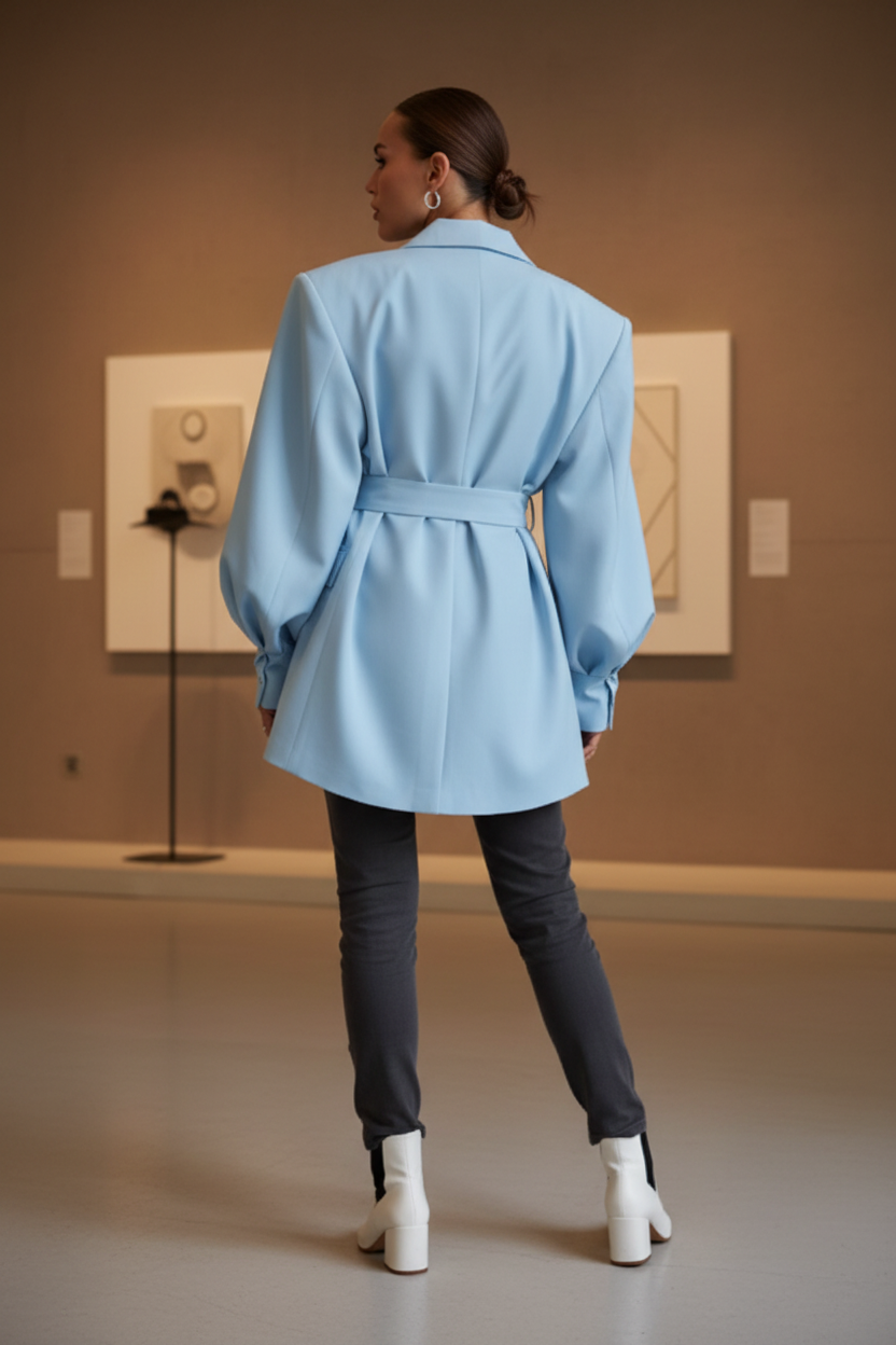 Native Swiss woman showing the sky blue oversized belted blazer in a Swiss design gallery