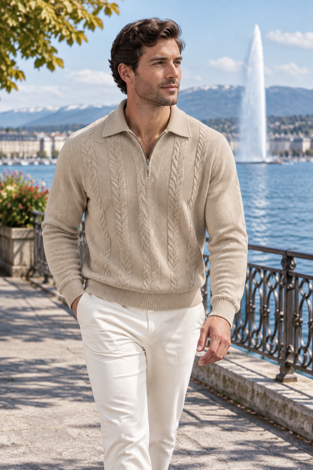 Herren-Strickpullover mit Zopfmuster und Reißverschlusskragen