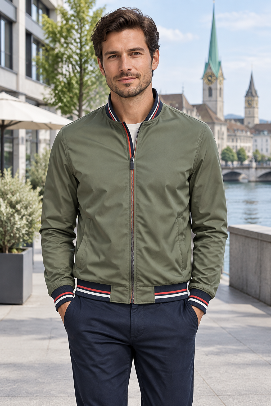 Men's Lightweight Striped-Trim Bomber Jacket
