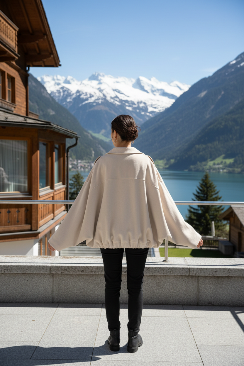 Native Swiss woman showing the beige oversized jacket