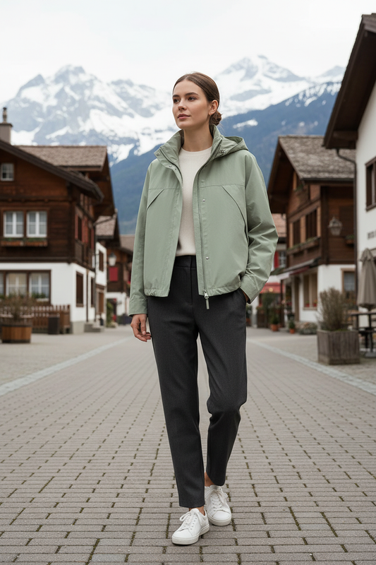 Swiss woman model wearing the sage green hooded nylon windbreaker in an alpine village