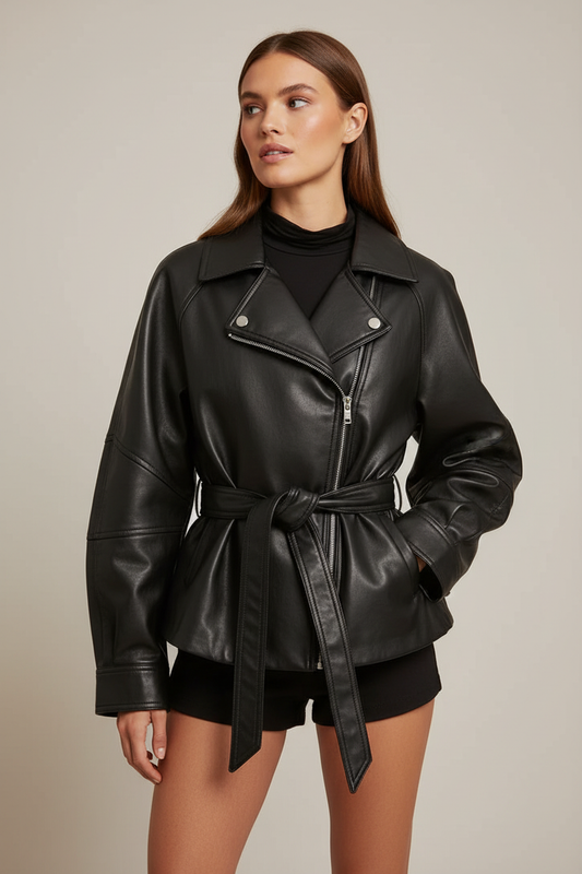 Swiss woman wearing black faux leather belted trench jacket, front view
