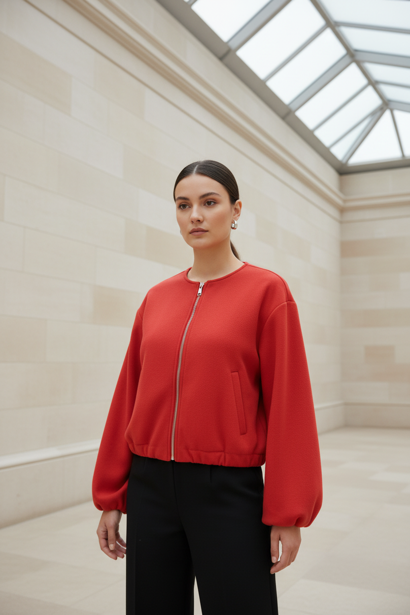 Swiss woman model wearing the red fleece cropped bomber jacket in an art gallery