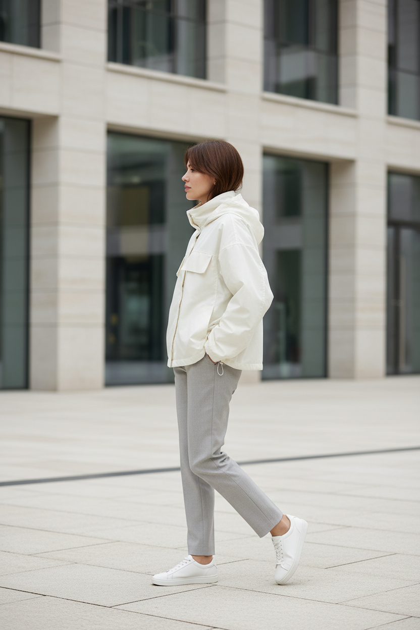 Swiss woman model wearing the beige white hooded nylon windbreaker in a modern Zurich plaza