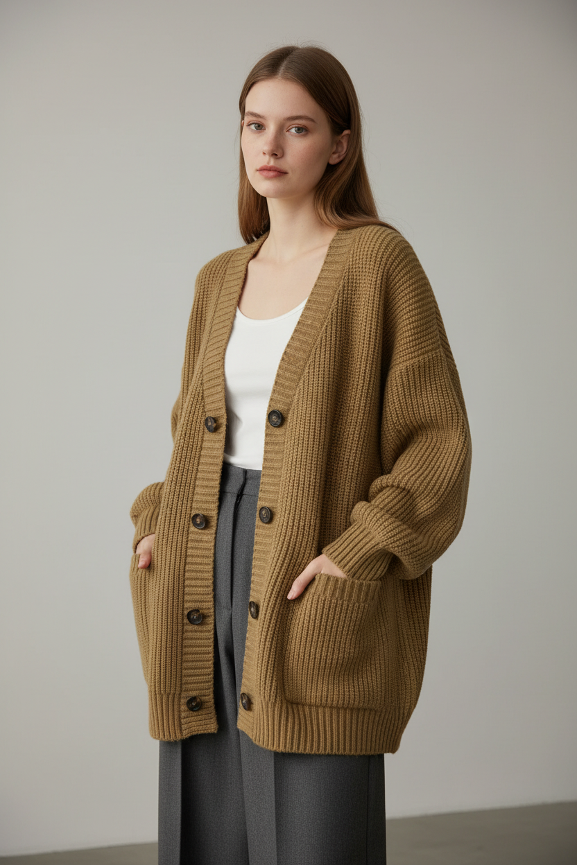Khaki loose knit cardigan sweater, full-body angled view on model