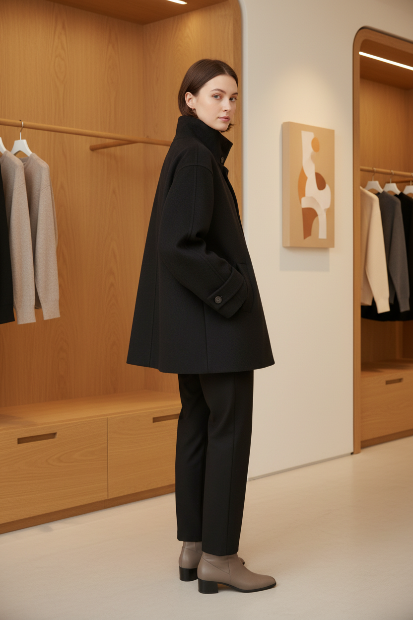 Swiss woman model showing the black high-collar short winter coat in a boutique