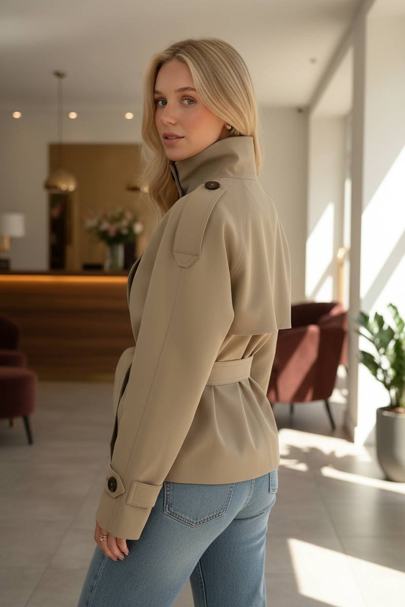 Damen-Polyesterjacke mit doppelreihiger Knopfleiste und Stehkragen