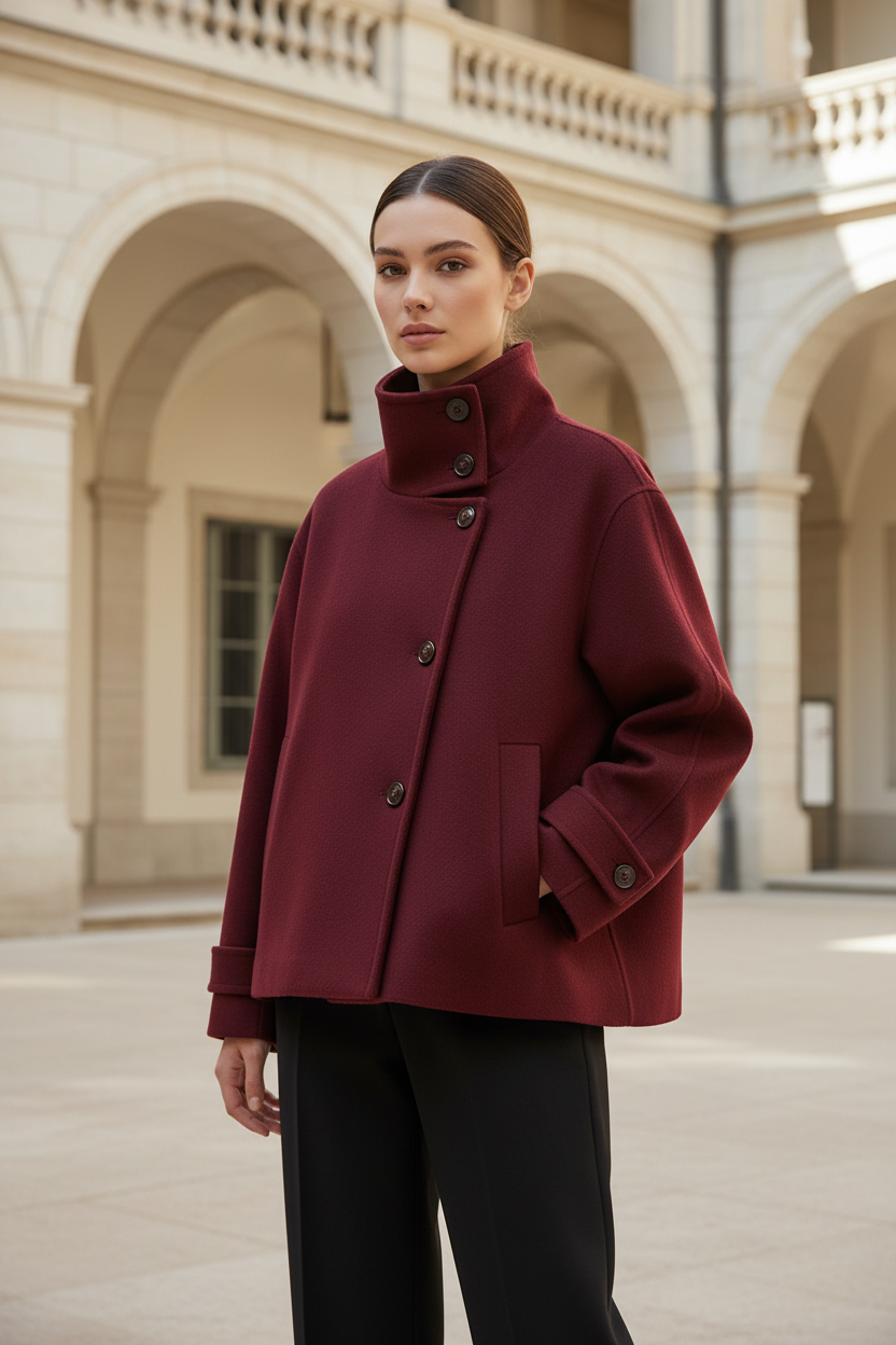 Swiss woman model wearing the burgundy red high-collar short winter coat in a museum courtyard