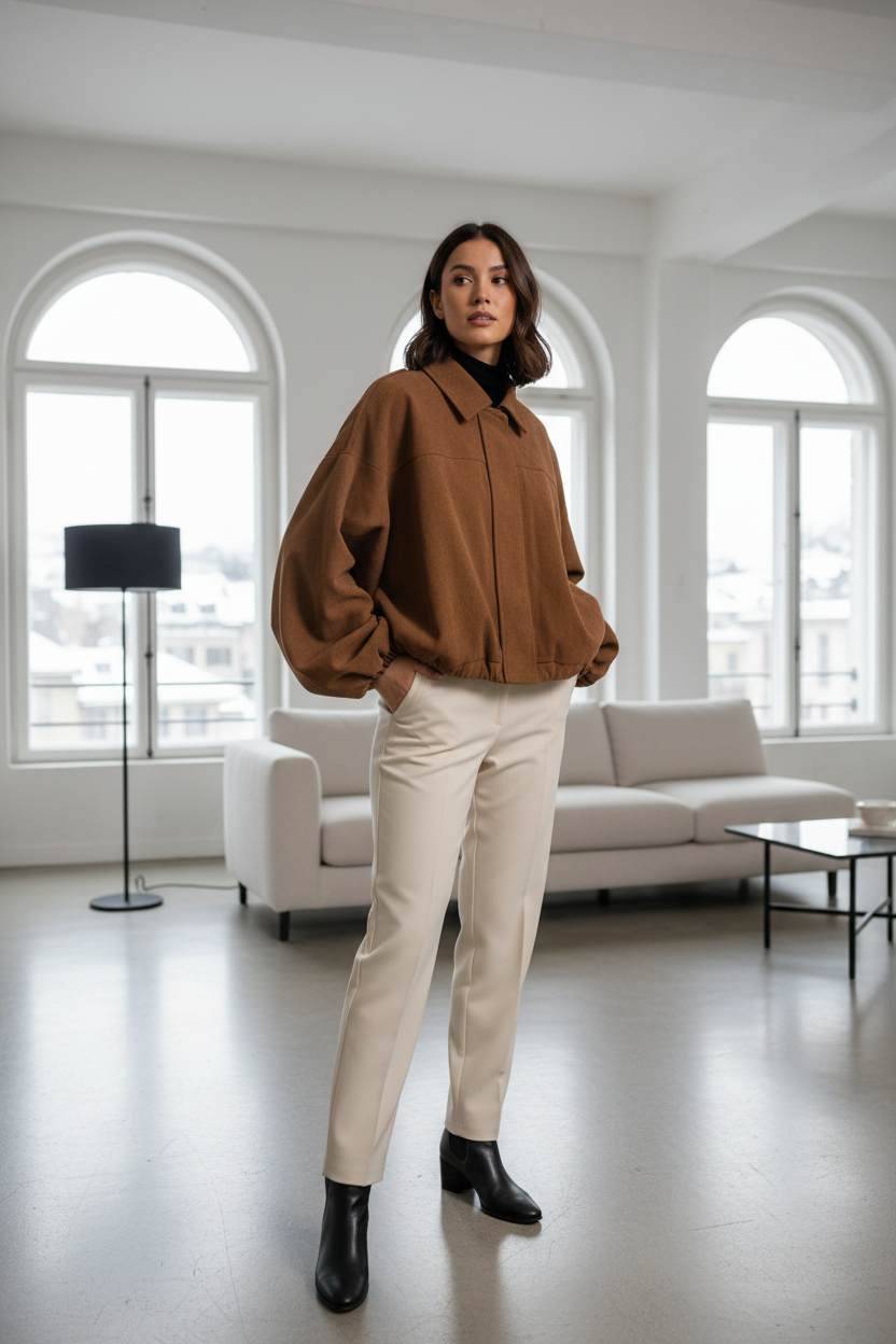 Native Swiss woman wearing the brown oversized jacket in a Zurich loft