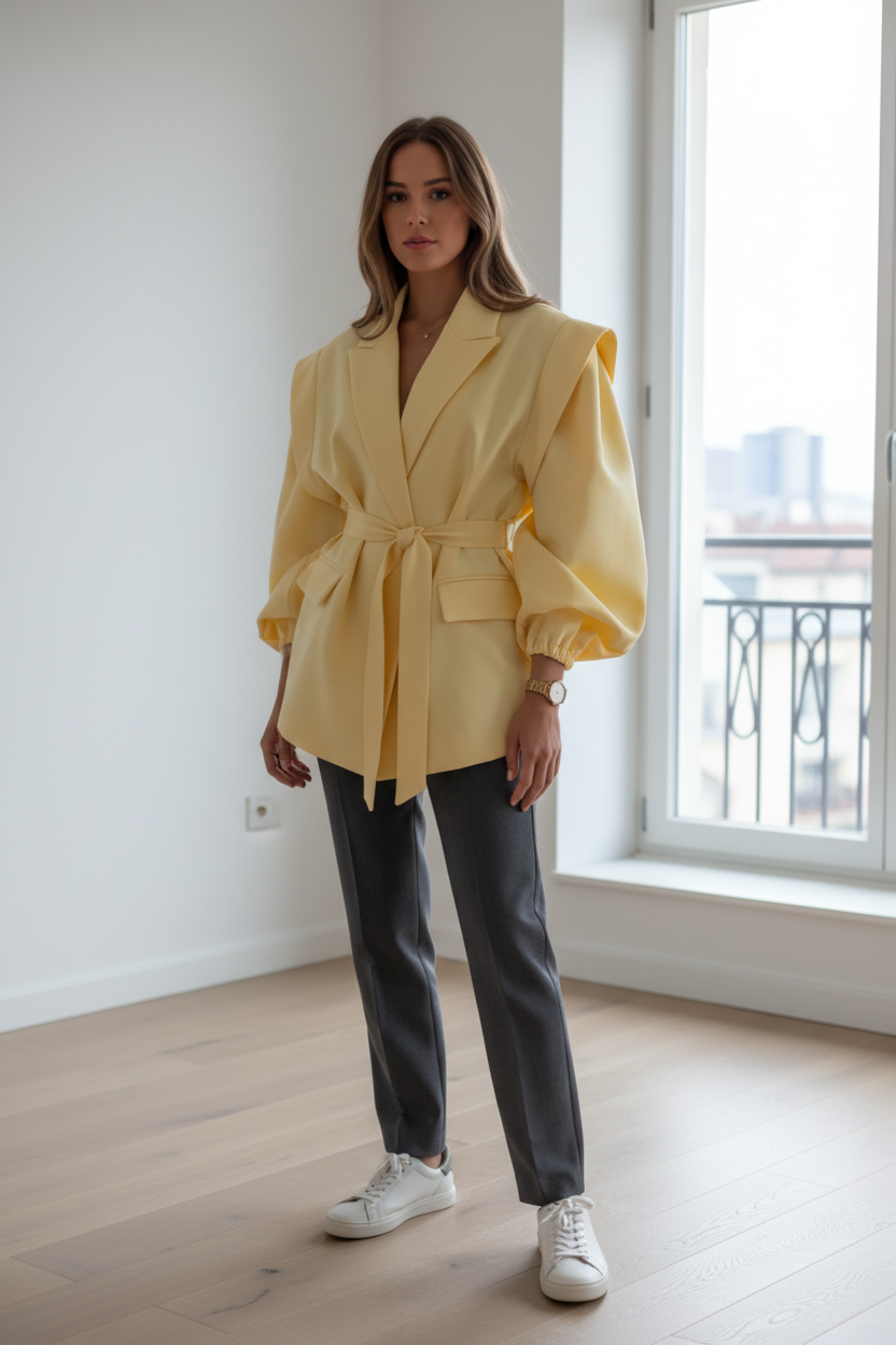 Native Swiss woman wearing the solid yellow oversized belted blazer in a Geneva apartment