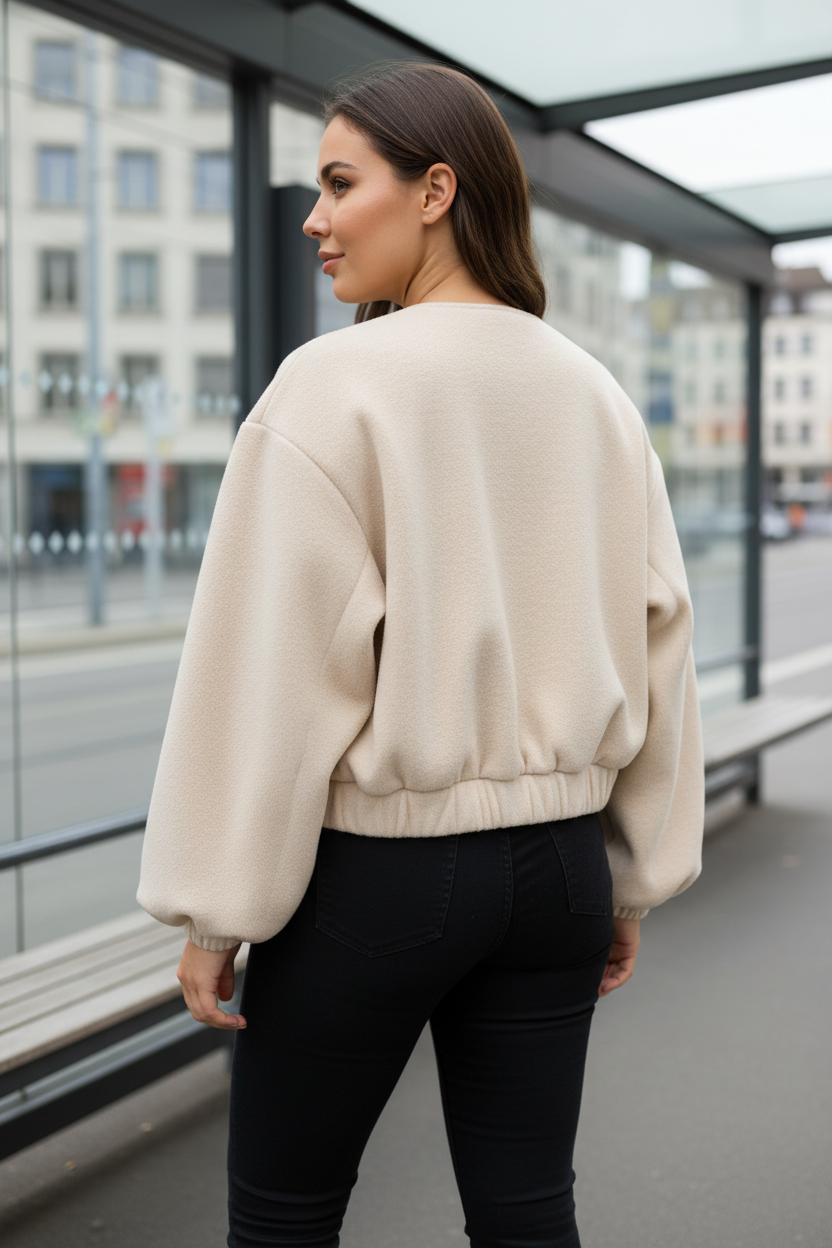Swiss woman model showing the pale beige fleece cropped bomber jacket at a Zurich tram stop