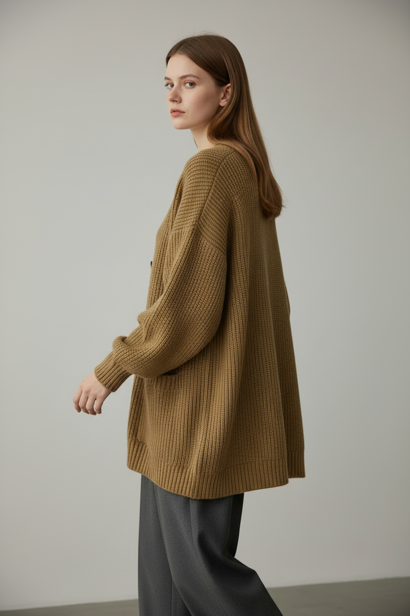 Khaki loose knit cardigan sweater, three-quarter back angle on model