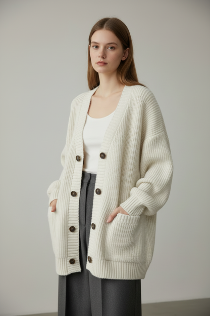 White loose knit cardigan sweater, waist-up front view on model