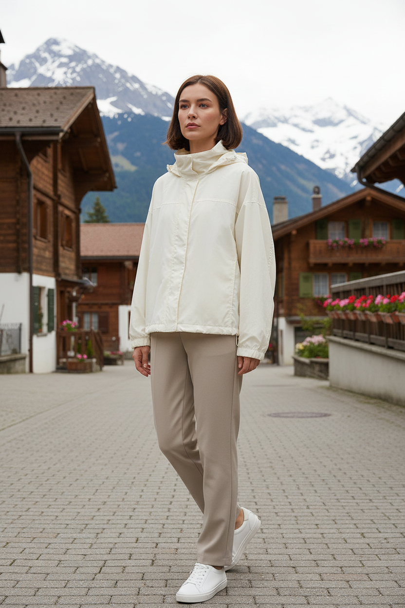 Swiss woman model wearing the beige white hooded nylon windbreaker in an alpine village