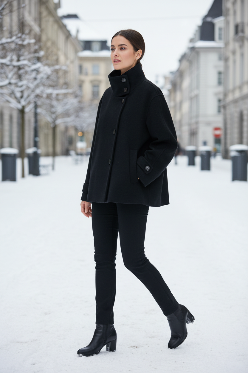 Swiss woman model wearing the black high-collar short winter coat on a snowy Swiss promenade