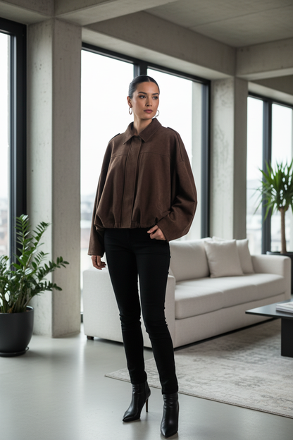 Native Swiss woman wearing the deep coffee-brown oversized jacket in a Zurich loft
