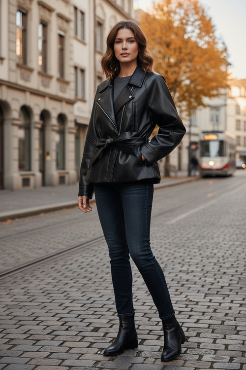 Swiss woman model wearing the black belted faux-leather jacket in Zurich