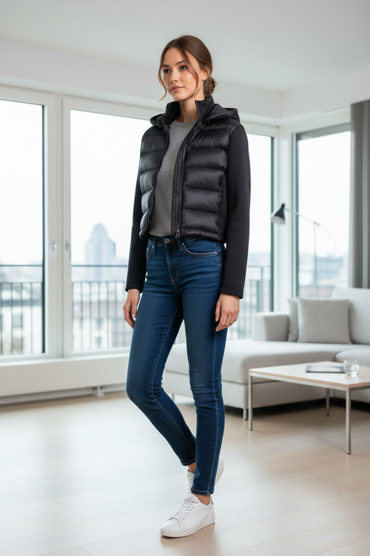 Native Swiss woman wearing the black cropped hooded puffer in Zurich