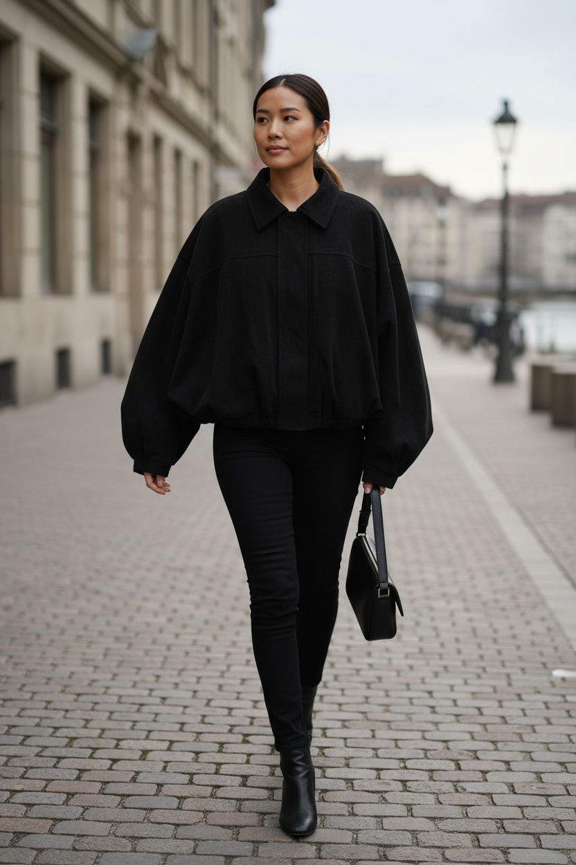 Native Swiss woman wearing the black oversized jacket in Basel
